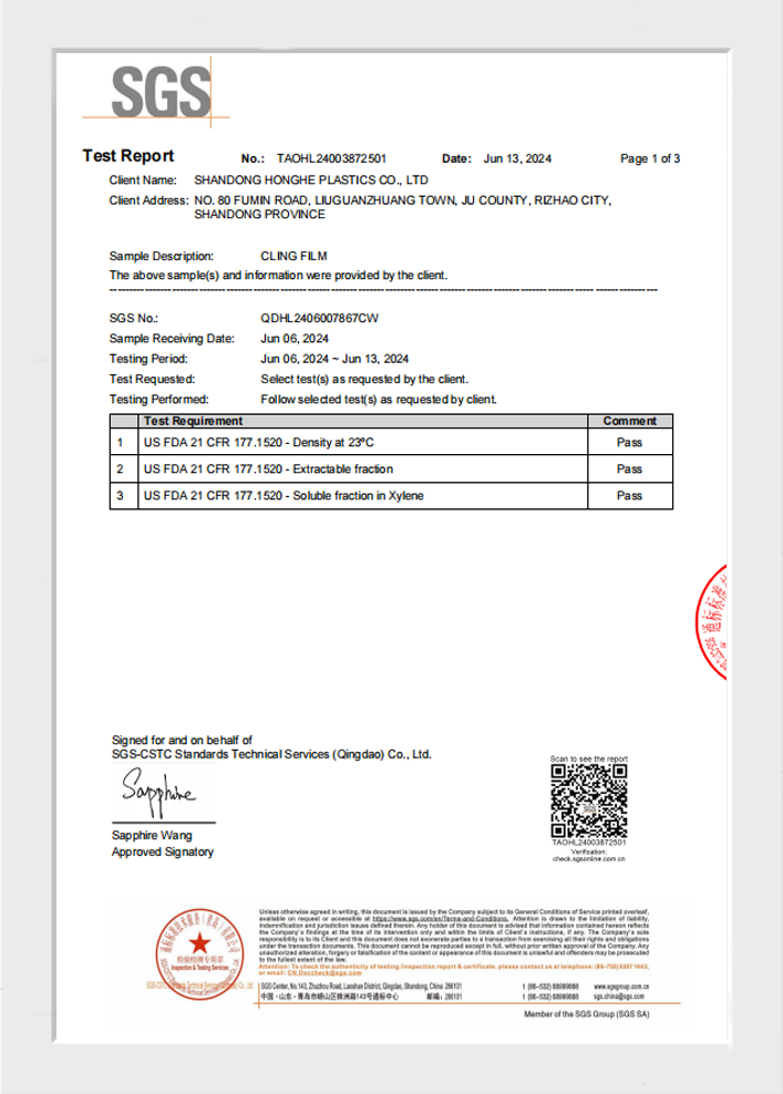 CLING FILM SGS FDA TEST CLING FILM SGS FDA TEST